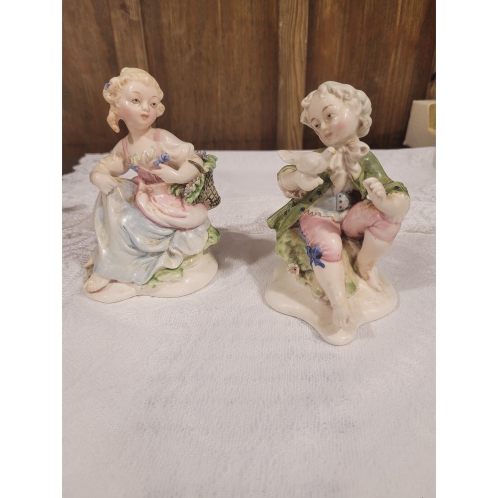 Pair of 2 Vintage Decorative Ceramic Girl and Boy Marked S 8436 Figurines